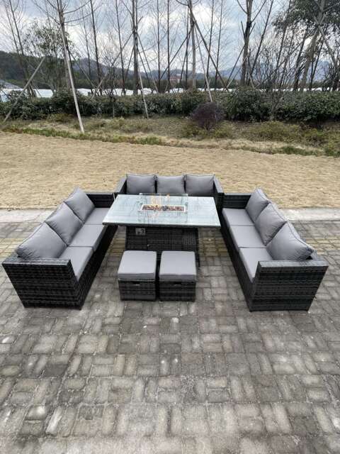Fimous 11 Seater Outdoor Lounge Rattan Sofa Set Garden Furniture Gas Firepit Set Dining Table With Stools Dark Grey Mixed