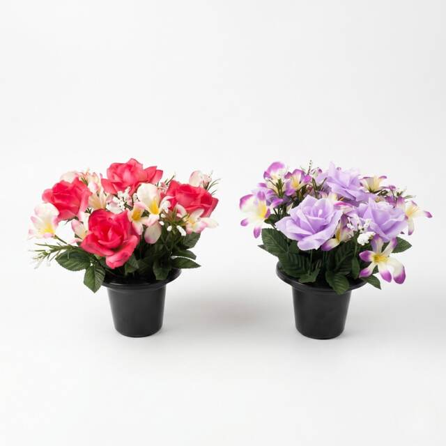 Homescapes Artificial Rose & Orchid Gravepot, Set of 2 Memorial Flowers