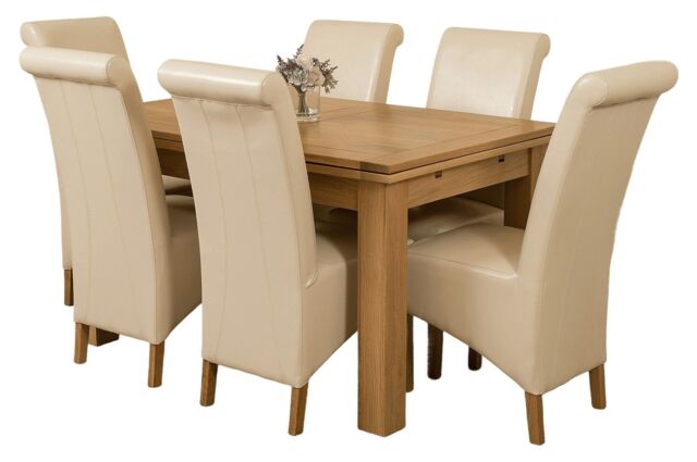 Richmond 140-220cm Oak Extending Dining Table & 6 Montana Leather Chairs Cream Cream