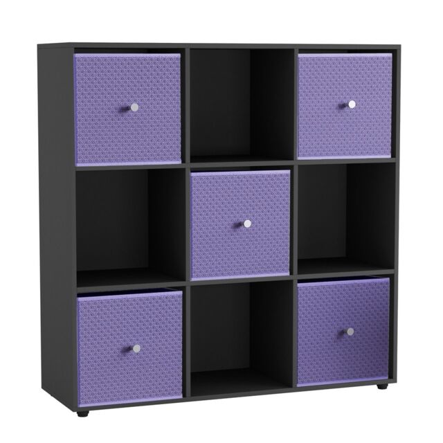 9 Cube Wooden Bookcase Shelving Unit with 5 Collapsible Fabric Drawers Multi Black & Lilac 1