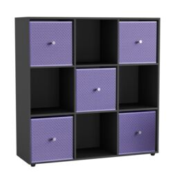 9 Cube Wooden Bookcase Shelving Unit with 5 Collapsible Fabric Drawers Multi Black & Lilac 1