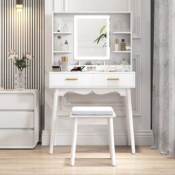 HOMCOM Dressing Table with LED Lighted Mirror and Cushioned Stool White White White