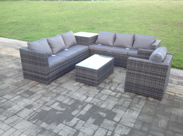 Fimous Grey Rattan Sofa Outdoor Garden Furniture Rectangular Coffee Table Set Patio With Cushions With Chair