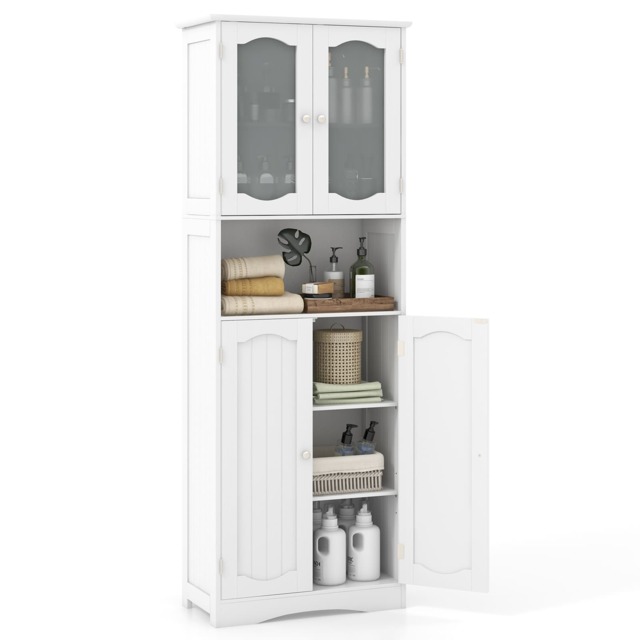 COSTWAY Bathroom Storage Cabinet Glass Door Pantry Cabinet-White