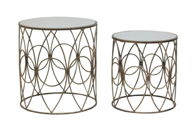 Set Of 2 Antique Frame Round Tables,Copper-Finish Round Tables With Mirror Tops,Circular Tables,Accent Table Gold