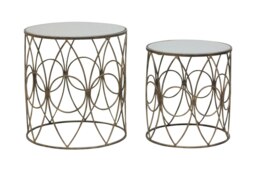 Set Of 2 Antique Frame Round Tables,Copper-Finish Round Tables With Mirror Tops,Circular Tables,Accent Table Gold