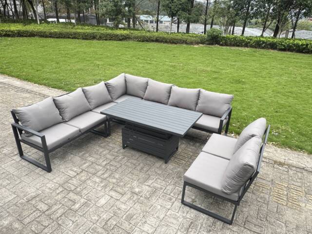 Fimous 8 Pieces Aluminium Garden Furniture Set with Cushions, Patio Furniture Set with Adjustable Rising Lifting Dining Table Dark Grey