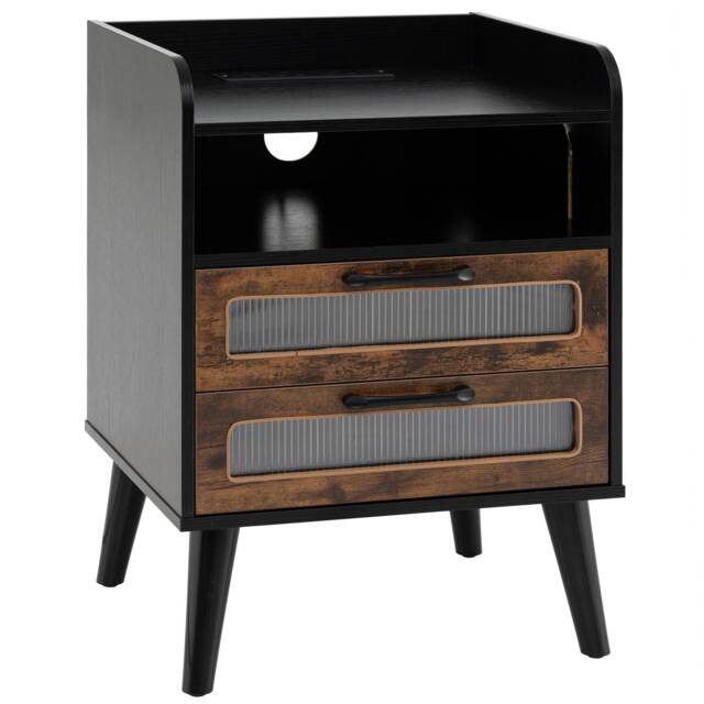 COSTWAY Mid Century Modern Bedside Table Nightstand Charging Station Black