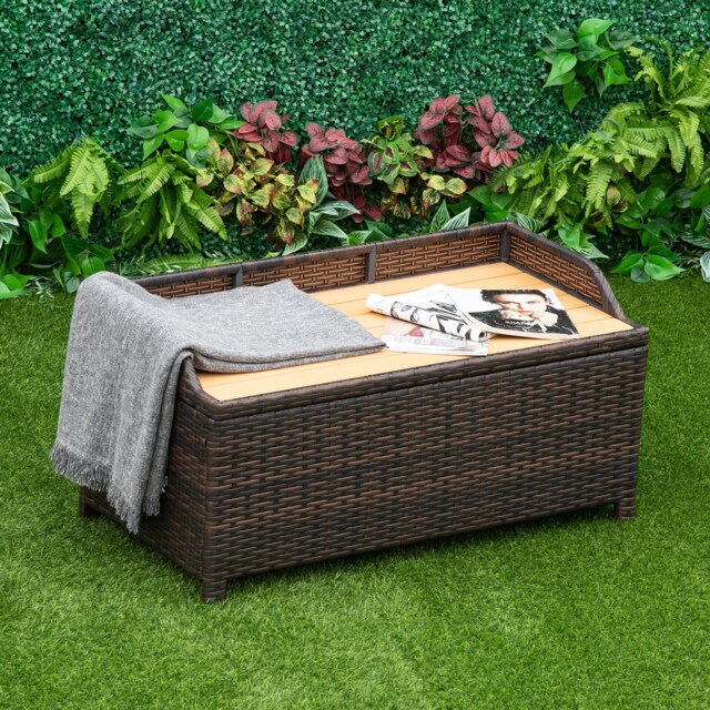Outsunny PE Rattan Outdoor Storage Bench, Aluminium Garden Bench with Storage Underneath with Zipped Inner Lining, Rods for Deck, Mixed Brown