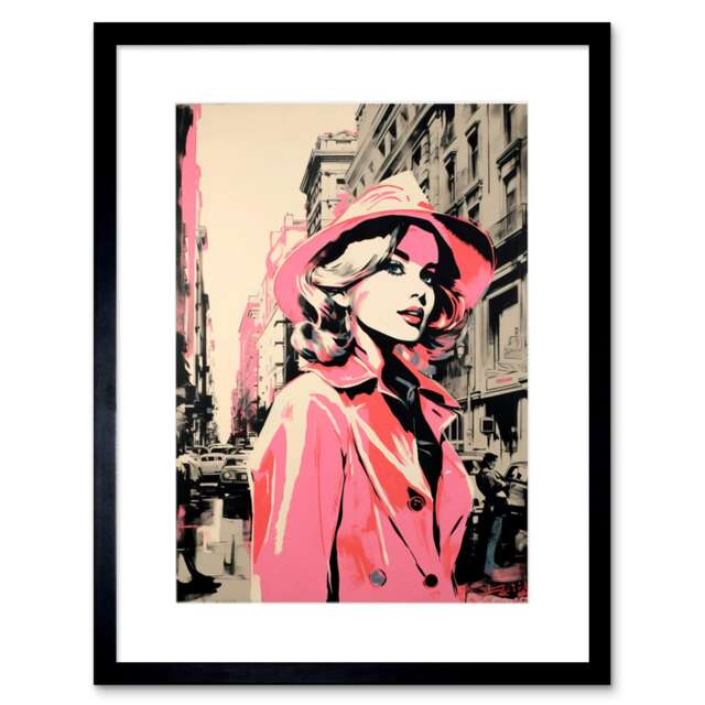 "Retro Fashion Woman Hat Trench Coat 9x7"" Black Framed Wall Art Print"