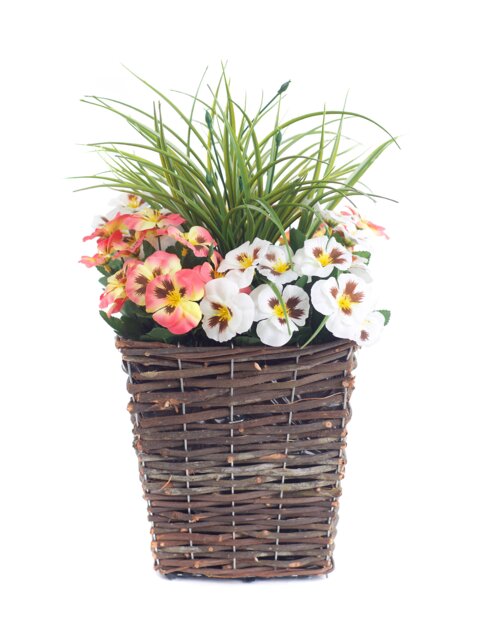 Best Artificial Pre-Made 44cm Peach & White Pansy Flowers in Rattan Wicker Planter Pot - Suitable For Outside Use Pink Peach and White 1