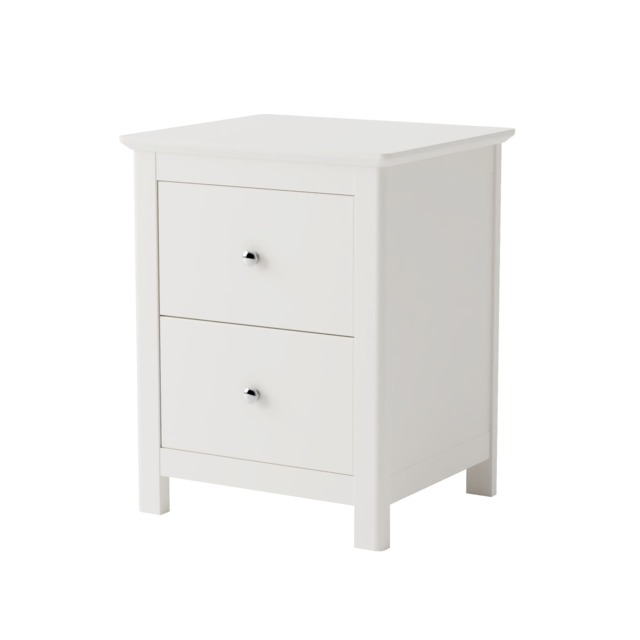 Nairn 2 Drawer White Bedside Cabinet - Solid Wood, Polished Steel Handles