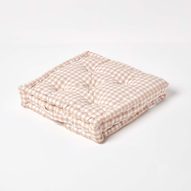 Homescapes Cotton Gingham Check Beige Floor Cushion - 50 x 50 cm Cream Beige 50 x 50 cm