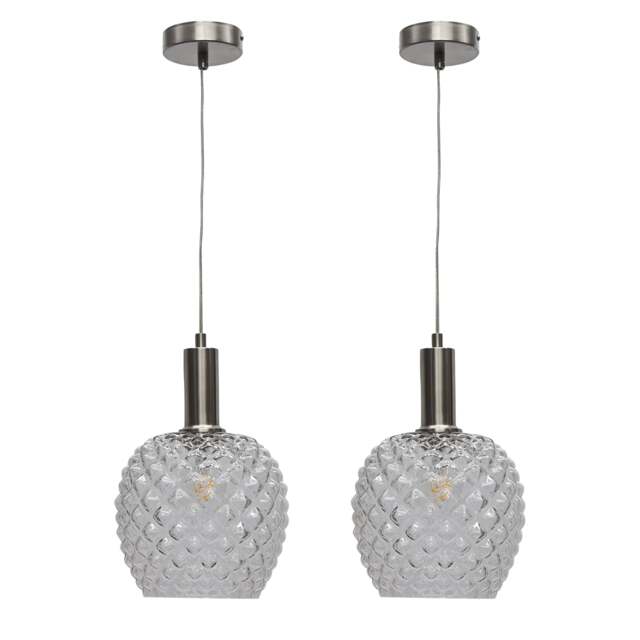 Set of 2 Baine - Clear Textured Glass Satin Nickel Deco Pendants