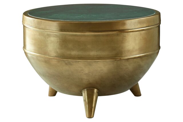 Orsina Green Marble Top Table, Round Copper Finish Iron Drum Table, Natural Green Marble Surface, Accent Table