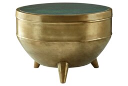 Orsina Green Marble Top Table, Round Copper Finish Iron Drum Table, Natural Green Marble Surface, Accent Table