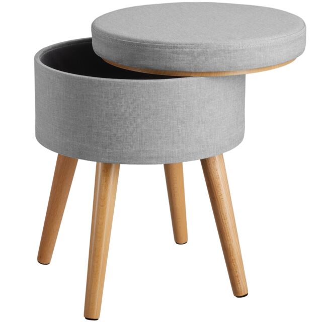 Stool Yara - round, padded, with storage space, linen look Grey light grey 42,50 x 42,50 x 45,50 cm 1