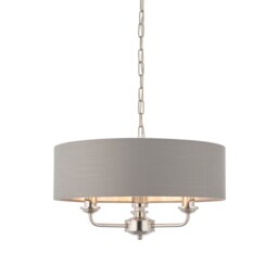 Highclere 3 Lamp Cylindrical Pendant Light Bright Nickel Plate, Charcoal Fabric