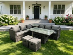 Fimous Dark Grey Mixed Wicker Rattan Corner Sofa Garden Furniture Rising Table Sets Footstool