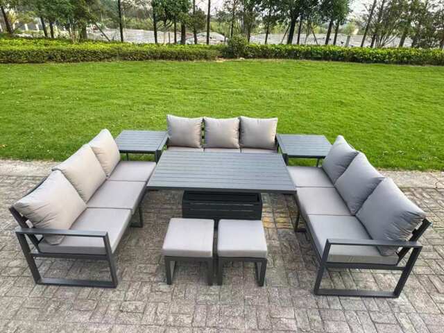 Fimous U-shaped Garden Furniture Set 11-Seater Aluminium Outdoor Dining Set with Adjustable Rising Lifting Dining Table 2 Side Tables 2 Small Footstools Dark Grey
