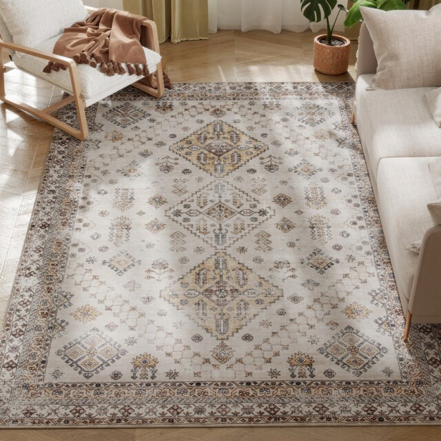 HOMCOM Flannel Non-Slip Washable Rug for Living Room, 230 x 160 cm, Beige Yellow