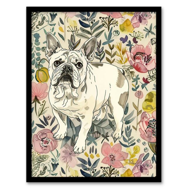 French Bulldog Dog Lover Floral Portrait Black Framed Wall Art Print A4