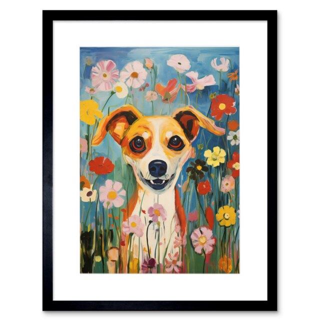 "Chihuahua Wildflowers Dog Portrait 9x7"" Black Framed Wall Art Print"