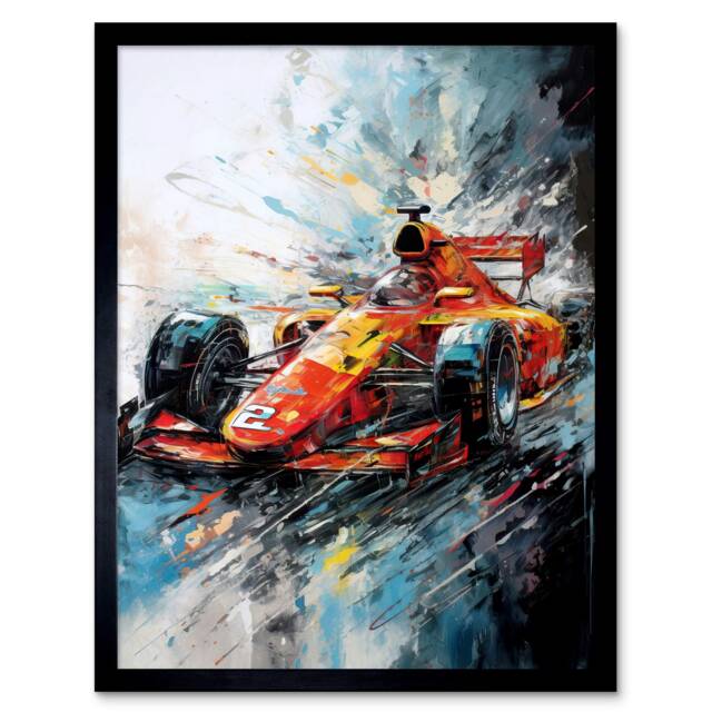 "Orange Race Car Grand Prix Action Shot Painting 12x16"" Framed Wall Art Print"