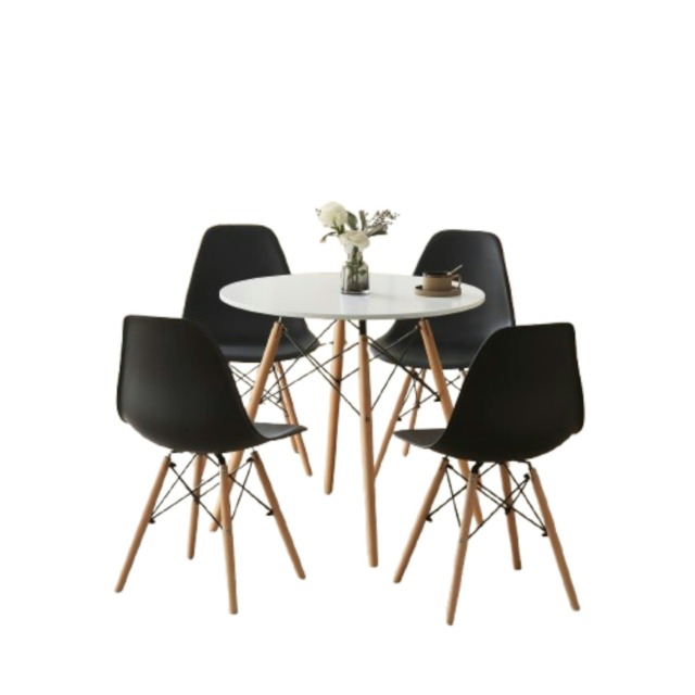 5 Piece Round Dining Set With White Top And Black Chairs