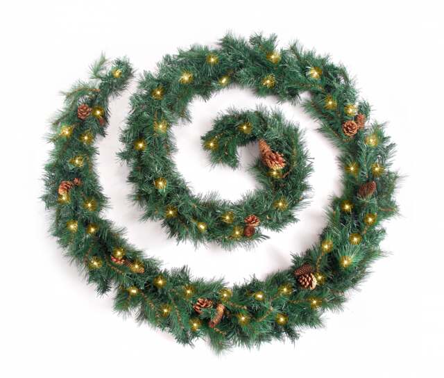 Best Artificial 12ft Colorado Pine Christmas Garland with Pine Cones with 100 warm white battery lights