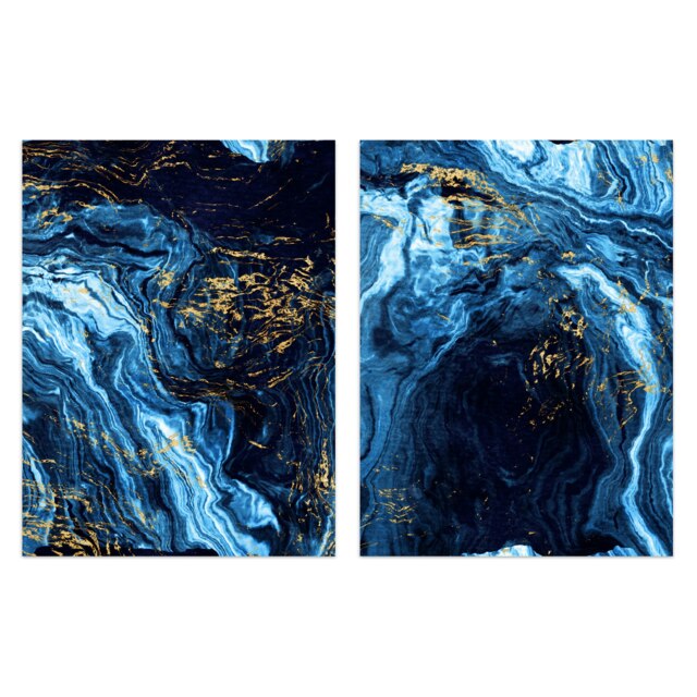 Set of 2 Abstract Dark Blue & Gold Marble Vein Mineral Home Decor Wall Art Print A4