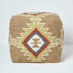 Homescapes Jaipur Brown and Orange Kilim Footstool Handwoven Beanbag Pouffe - 43 x 43 cm