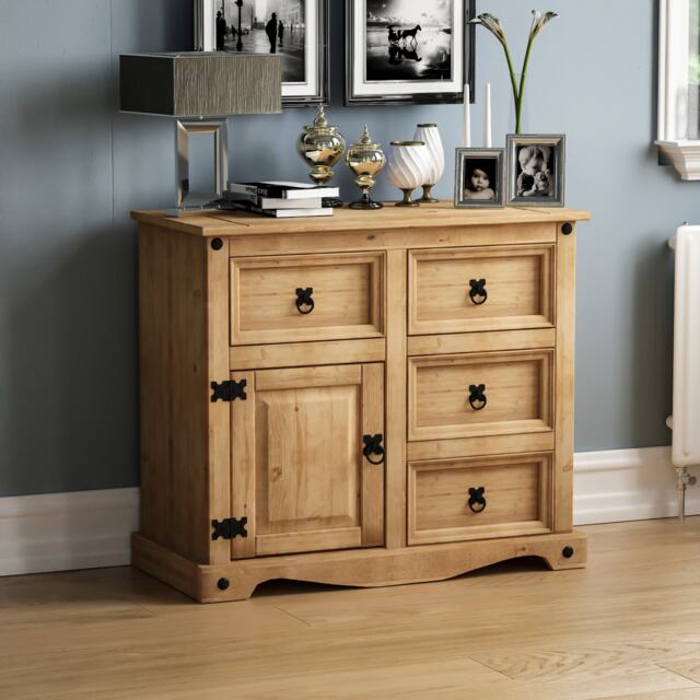 Vida Designs Corona 1 Door 4 Drawer Sideboard Buffet Cabinet, Solid Pine Wood
