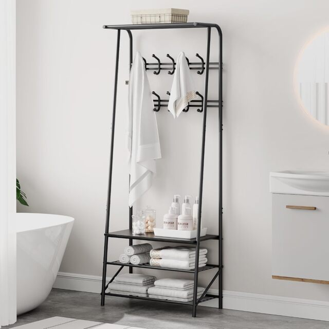 London Boutique Metal Coat Rack with Shoe Bench Hooks Entryway Hall Tree Organizer for Hallway Bedroom, Black, (W)64cm (H)180cm (D)29cm