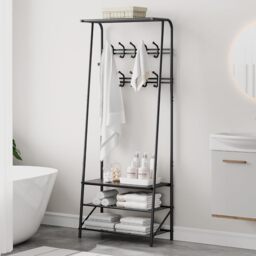 London Boutique Metal Coat Rack with Shoe Bench Hooks Entryway Hall Tree Organizer for Hallway Bedroom, Black, (W)64cm (H)180cm (D)29cm