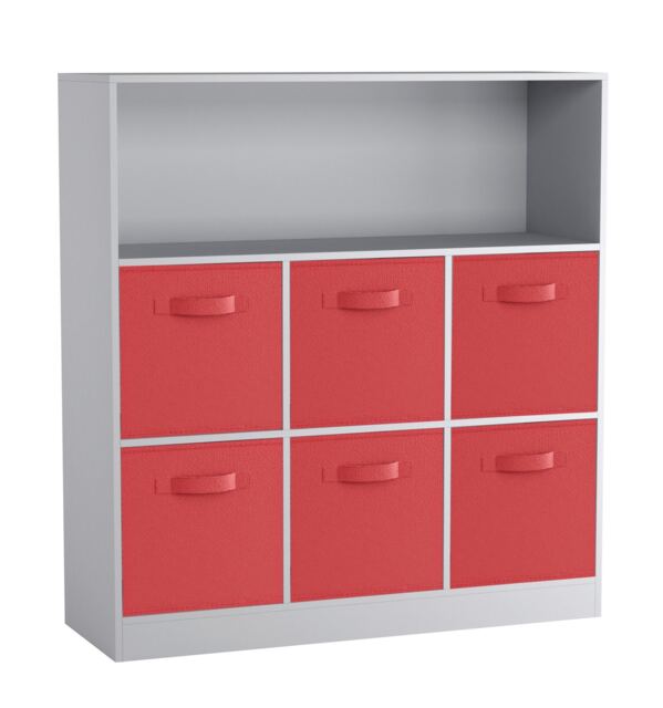 Wide 7-Cube Bookcase With Drawers Grey Grey & Red 1