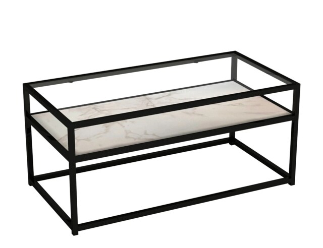 Glass Display Top Coffee Table with Steel Frame Reversible Wooden Storage Shelf Black White Stone