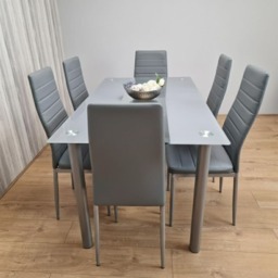 Kosy Koala Grey Glass Dining Table Set with 6 Grey Faux Leather Chairs Modern Dining Furniture