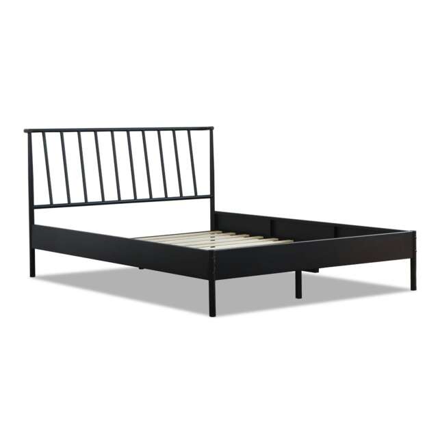 King Black Metal Bed Frame with Headboard Home Bedroom Furniture Wooden Slats