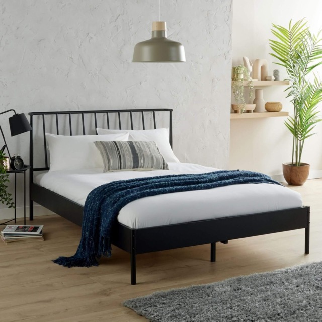 King Black Metal Bed Frame with Headboard Home Bedroom Furniture Wooden Slats