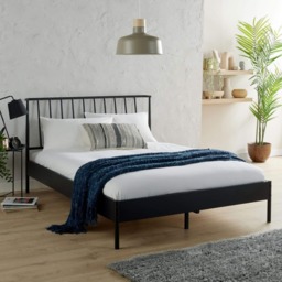 King Black Metal Bed Frame with Headboard Home Bedroom Furniture Wooden Slats