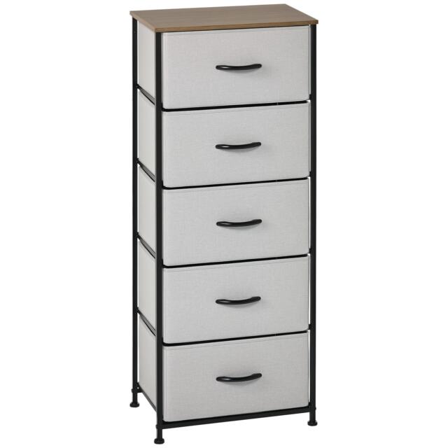 HOMCOM Fabric Chest of Drawers, Industrial Bedroom Dresser with 5 Fabric Drawers, Steel Frame and Wooden Top for Nursery, Living Room, Hallway, Grey