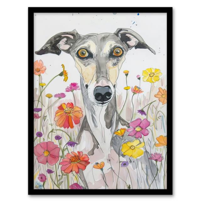 Whippet in Wildflowers Dog Lover Watercolour Black Framed Wall Art Print A4