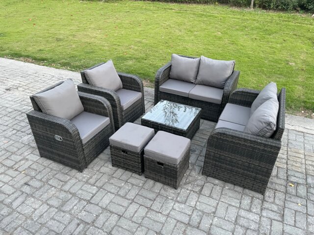 Fimous Garden Furniture Set Rattan Outdoor Lounge Sofa Chair With Tempered Glass Table 2 Small Footstools Dark Grey Mixed