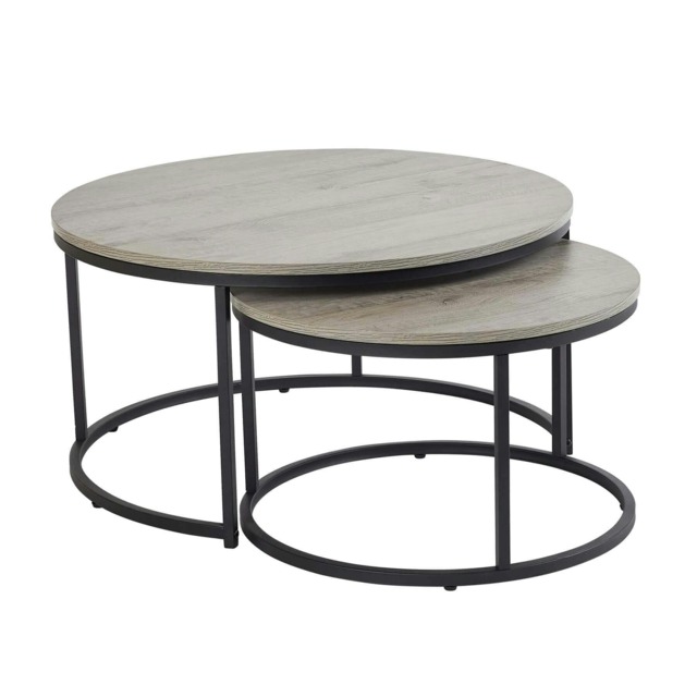 Nest of 2 Grey Tables Round Stackable Side Unit Industrial Living Room Furniture