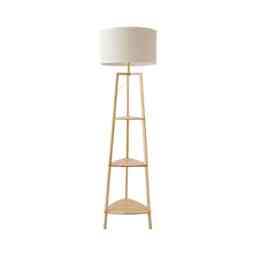 ValueLights Hiru Natural 3 Tier Shelf Floor Lamp White Trim Linen Shade Brown White