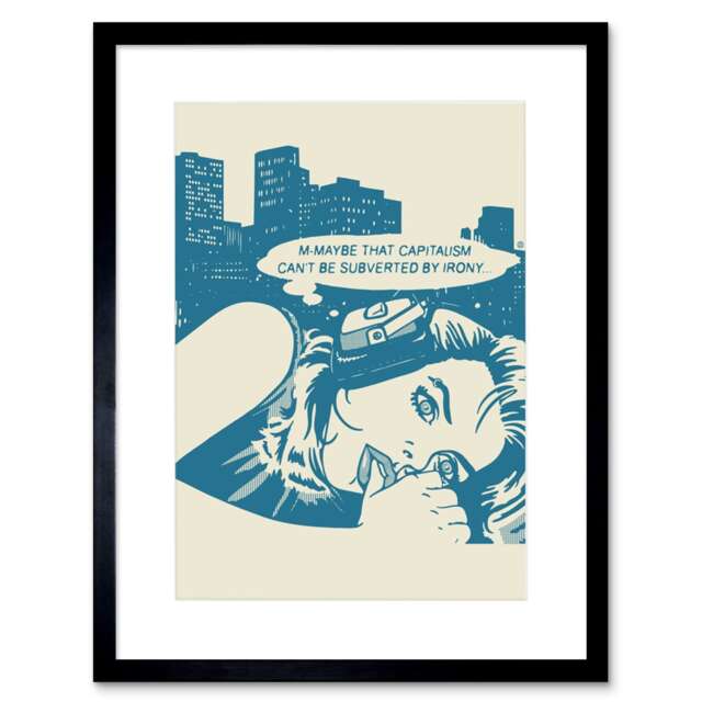 "Comic Book Style Blue Thought Bubble Capitalism Irony 9x7"" Black Framed Wall Art Print"