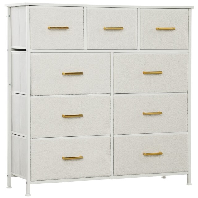 HOMCOM Chest of Drawers with 9 Fabric Drawers, Boucle Storage Organiser with Steel Frame, Fabric Dresser for Bedroom, Living Room, Hallway, Cream White Cream Cream