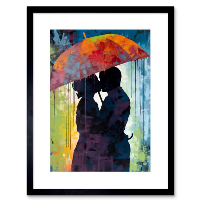 "Silhouette of a Couple Kissing Under an Umbrella 9x7"" Black Framed Wall Art Print"
