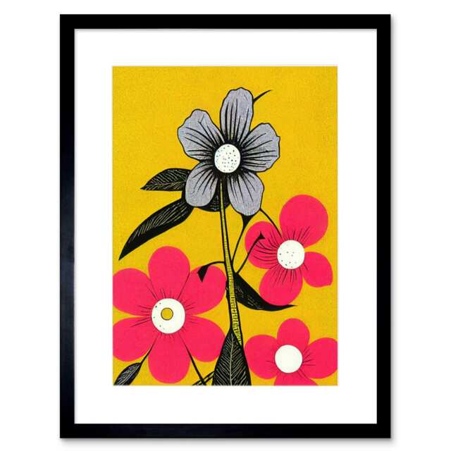 "Bold Flowers Pink Mustard Yellow 9x7"" Black Framed Wall Art Print"
